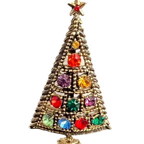 Vintage Christmas Tree Pin Brooch Beatrix B.J. Signed Rhinestone - Book Piece - Picture 1 of 12